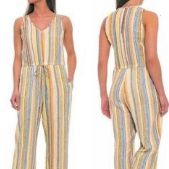 Drew Anthropologie Striped Linen Blend Sleeveless Raw Hem Jumpsuit - Picture 2 of 9